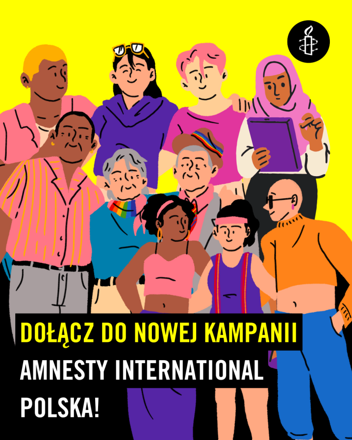 Grafika: Grupa osób zróżnicowana wiekowo, płciowo, etnicznie i religijnie trzymająca się blisko razem, jakby pozowali do zdjęcia. 