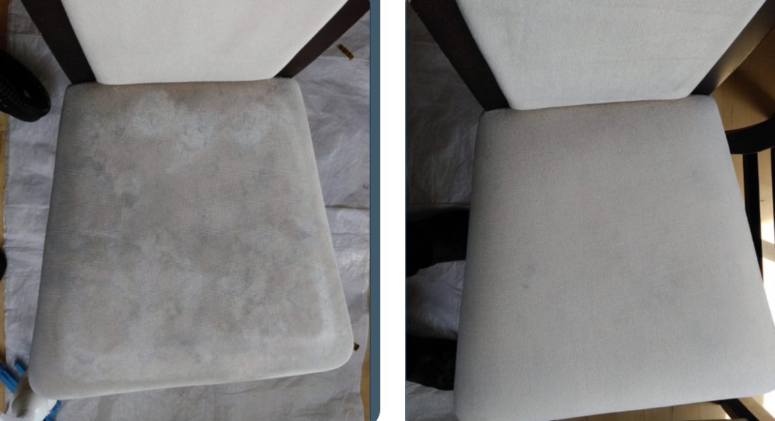 Porównanie efektu prania kanapy metodą ekstrakcyjną. Lewa strona zdjęcia przedstawia mocno zabrudzoną tapicerkę z plamami, prawa strona ukazuje ten sam mebel po wyczyszczeniu - czysty, o żywym kolorze. Usługa realizowana mobilnie.