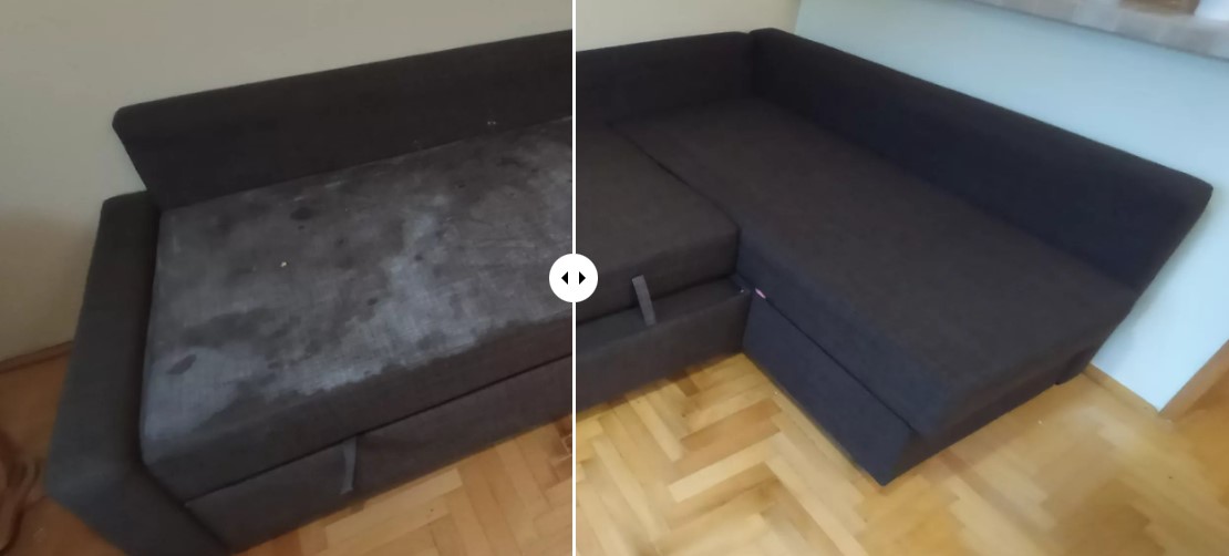 Duży narożnik tapicerowany po kompleksowym praniu. Mebel odzyskał świeżość i estetyczny wygląd, gotowy do dalszego użytkowania w świetlicy lub biurze. Usuwanie roztoczy i alergenów z mebli wypoczynkowych.