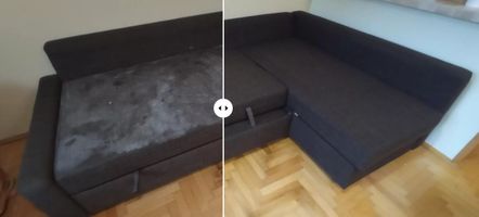 Miniatura Duży narożnik tapicerowany po kompleksowym praniu. Mebel odzyskał świeżość i estetyczny wygląd, gotowy do dalszego użytkowania w świetlicy lub biurze. Usuwanie roztoczy i alergenów z mebli wypoczynkowych.