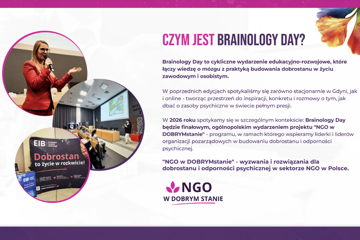 CZYM JEST BRAINOLOGY DAY?Brainology Day to cykliczne wydarzenie edukacyjno-rozwojowe, które łączy wiedzę o mózgu z praktyką budowania dobrostanu w życiu zawodowym i osobistym.