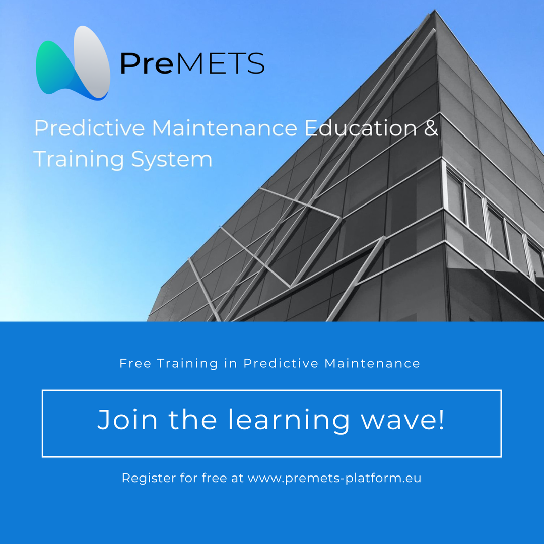 Grafika promująca platformę szkoleniową PreMETS. Na tle nowoczesnego budynku znajduje się logo PreMETS oraz napis „Predictive Maintenance Education & Training System”. Na dole grafiki informacja o bezpłatnym szkoleniu online i zachęta do rejestracji na stronie www.premets-platform.eu .