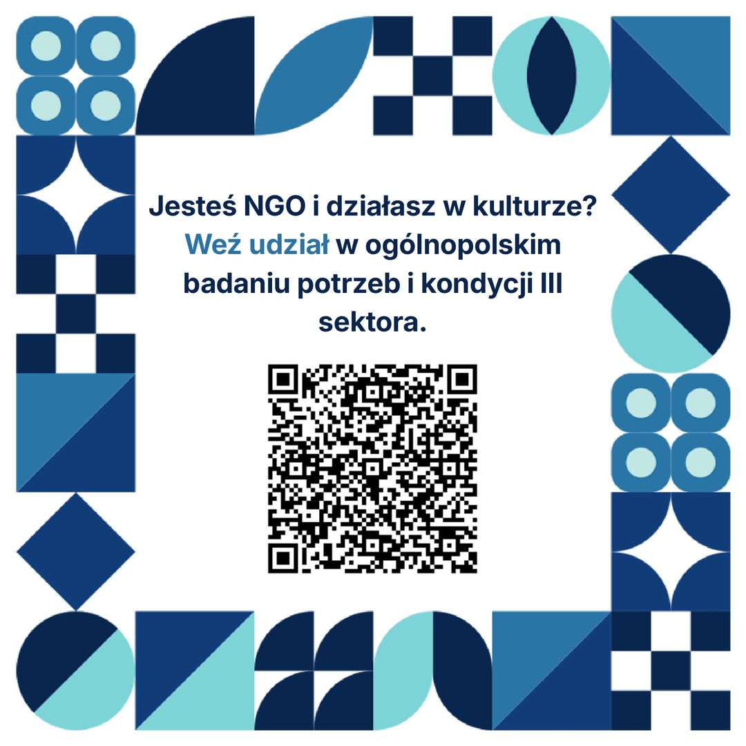 Grafika wykonana w estetyce projektu. Centralnie umiejscowiony jest kod QR, kierujący do strony badania.