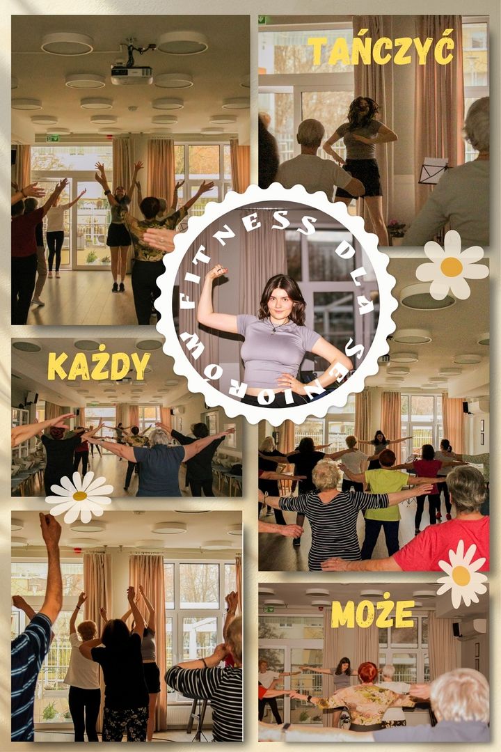 Plakat promocyjny zajęć z fitnessu tanecznego. Na plakacie znajduje się 6 zdjęć z zajęć z grupą seniorów, seniorzy tańczą. Na środku grafiki znajduje się zdjęcie portretowe prowadzącej w sportowej pozie. Na plakacie napis Fitness dla seniorów oraz Tańczyć każdy może. 