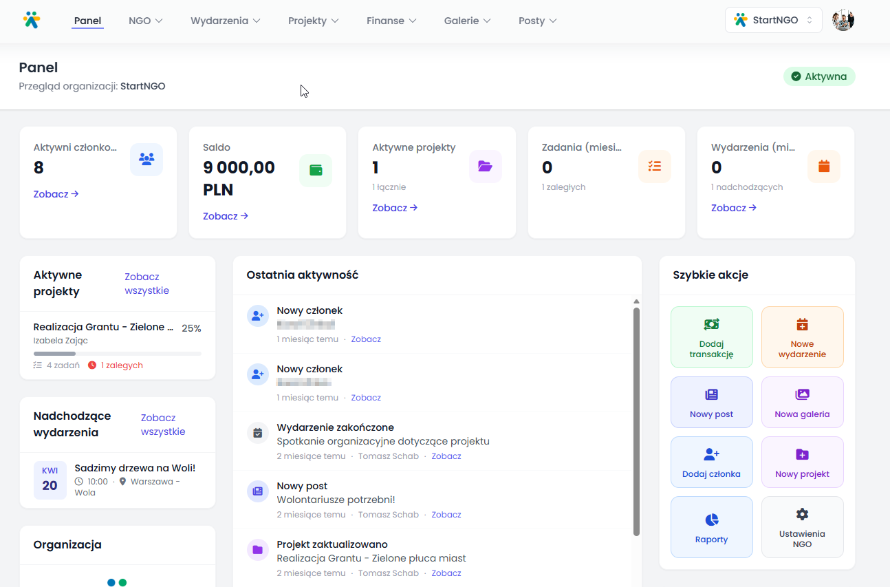 Zarządzanie członkami - strona umożliwia zarządzanie osobami w organizacji 