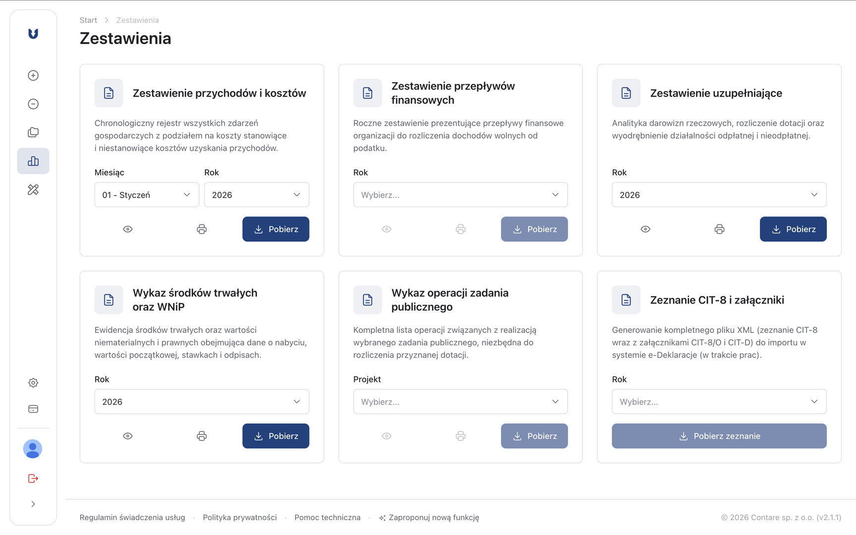 Widok modułu zestawień w aplikacji