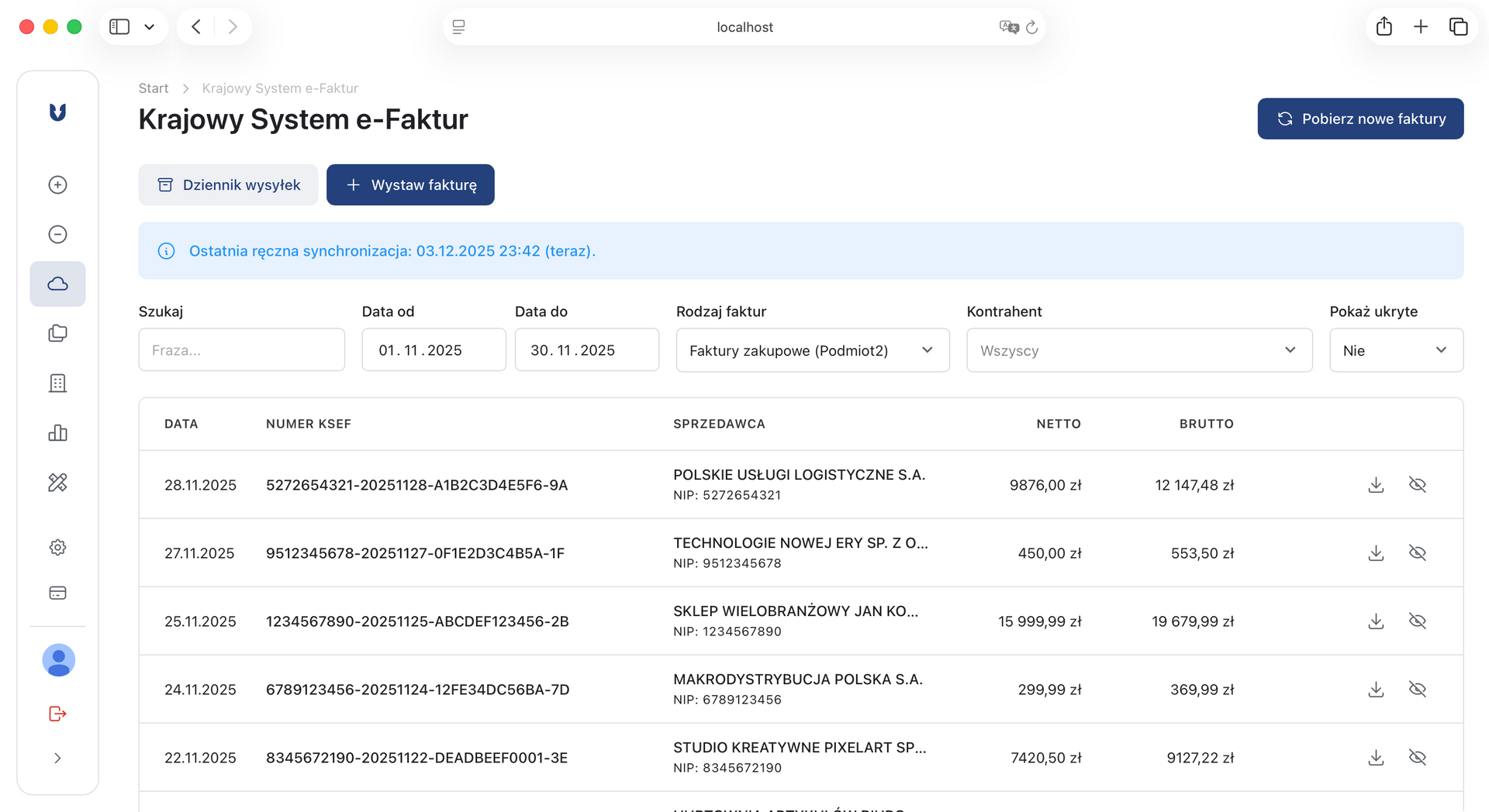 Widok faktur pobranych z KSeF