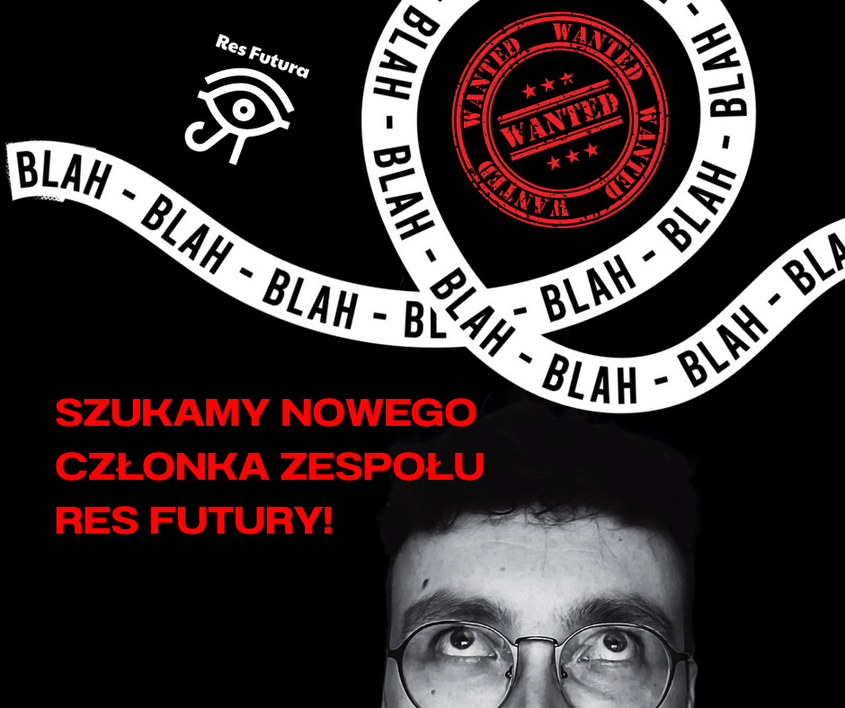 Grafika do ogłoszenia o pracę, Res Futura poszukuje pracownika, logo Res Futury, oczy człowieka