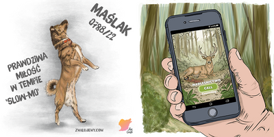 Miniatura Przykłady autorskich ilustracji zaangażowanych społecznie. Po lewej: grafika edukacyjna dotycząca zachowania w lesie. Po prawej: charytatywna ilustracja stworzona dla wolontariuszy z grupy G11 ze Schroniska na Paluchu.
