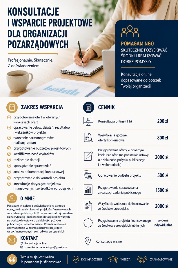Grafika promująca konsultacje i wsparcie projektowe dla organizacji pozarządowych. Oferta obejmuje przygotowanie i weryfikację projektów, budżetów, sprawozdań oraz konsultacje dotyczące dotacji i funduszy europejskich. Na grafice znajduje się cennik usług oraz dane kontaktowe.