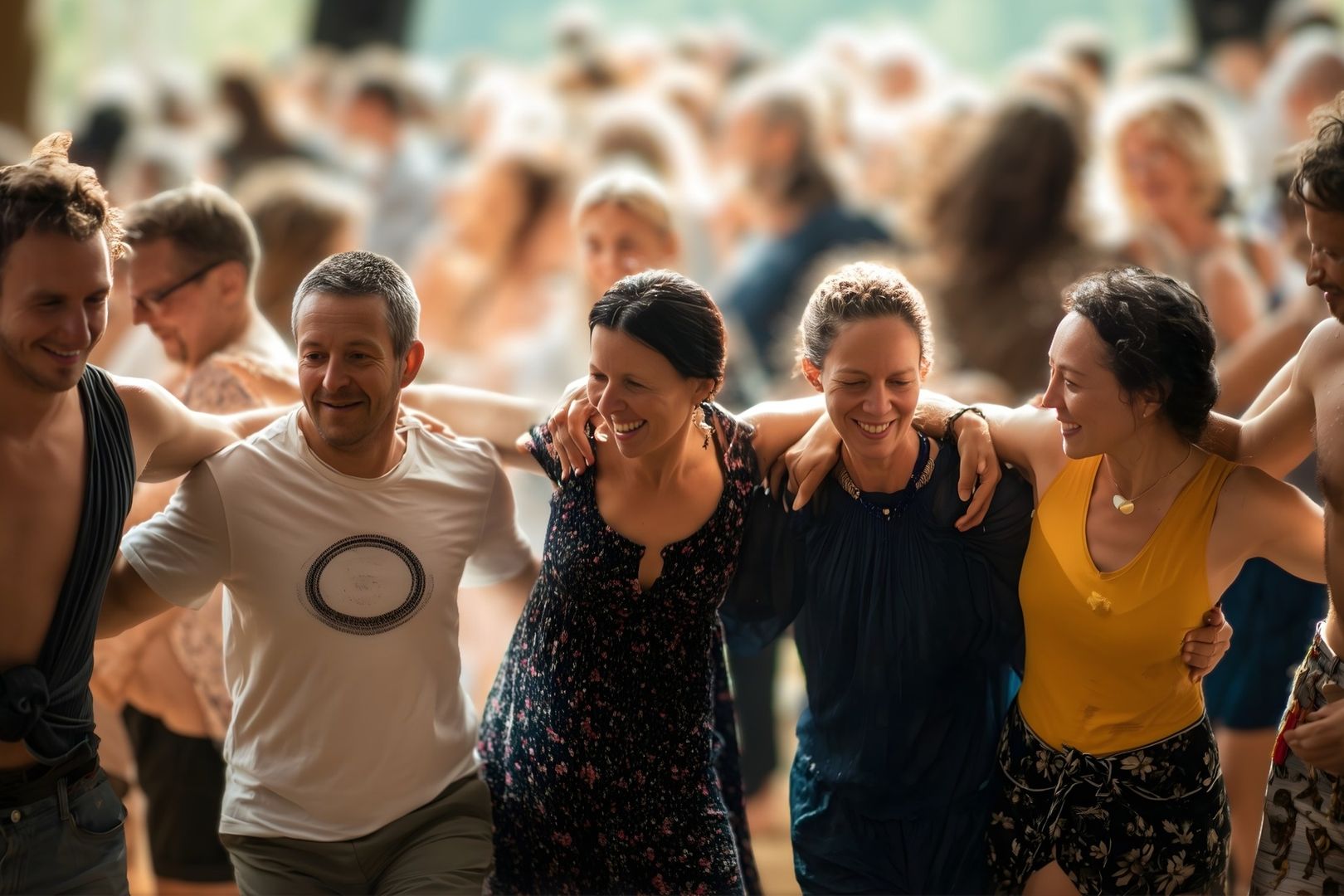 Uczestnicy festiwalu Biodanza tańczą w kręgu z ramionami opartymi na barkach sąsiadów. Zdjęcie ukazuje radosną atmosferę, poczucie wspólnoty i wzajemnego połączenia.