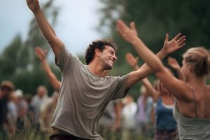 Miniatura Uczestnicy festiwalu Biodanza tańczą na świeżym powietrzu. Na pierwszym planie mężczyzna z uniesionymi rękami wyraża radość i swobodę ruchu, a wokół niego tańczą inni uczestnicy.