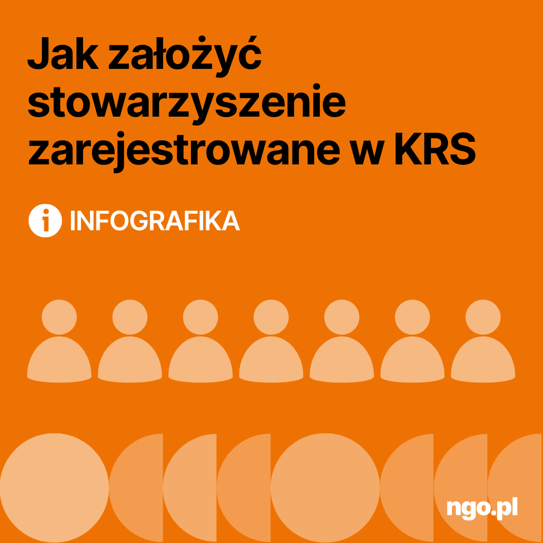 Tekst: Jak założyć stowarzyszenie zarejestrowane w KRS. Infografika. Na dole symboliczne postacie osób - założycieli (głowy i tułowia, bez szczegółów).