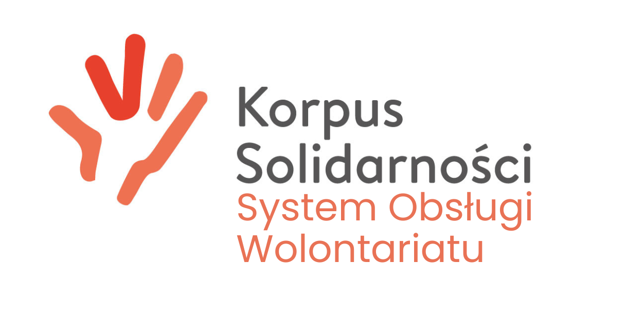 Logo „Korpus Solidarności - System Obsługi Wolontariatu” z graficznym symbolem w kształcie otwartej dłoni.