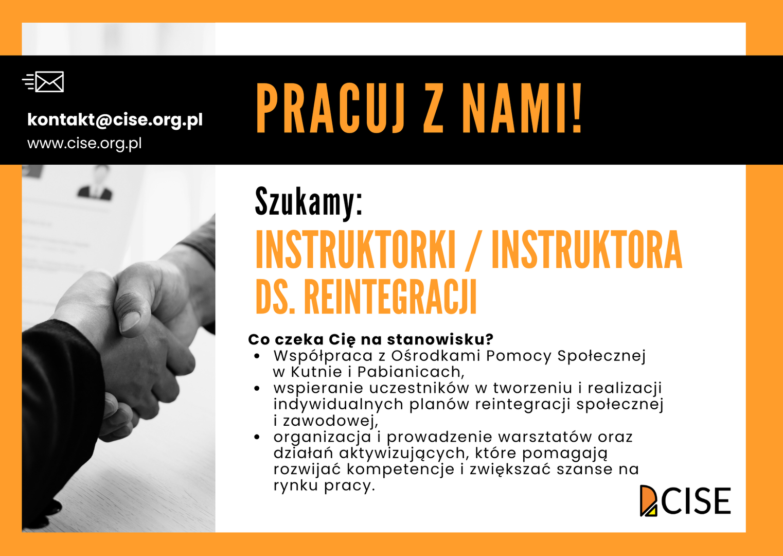 Grafika z tekstem dotyczącym oferty pracy i z uściśniętymi dłońmi.