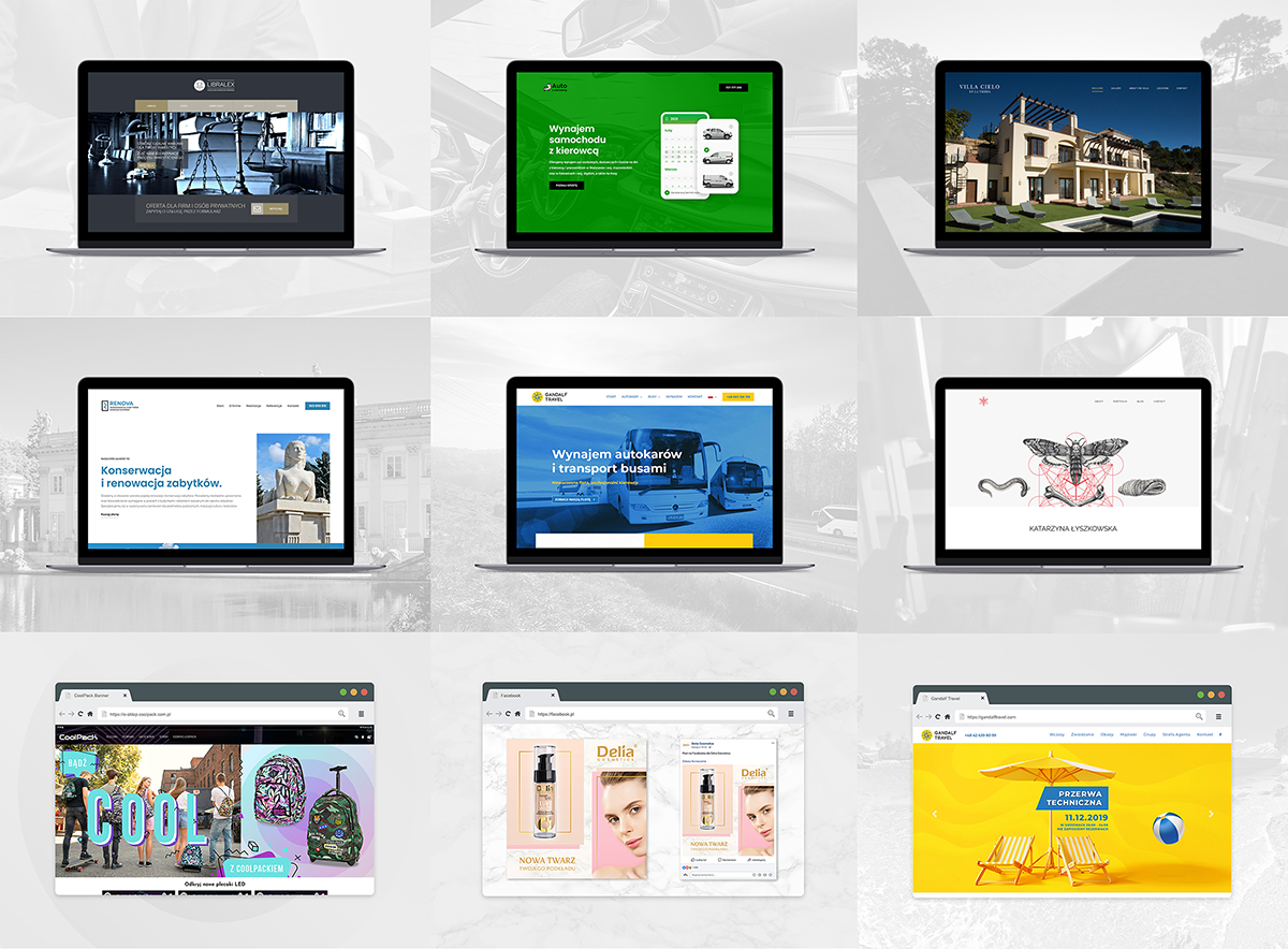 Zbiorcza grafika zawierająca zrzuty stron internetowych i banerów www dla różnych firm.