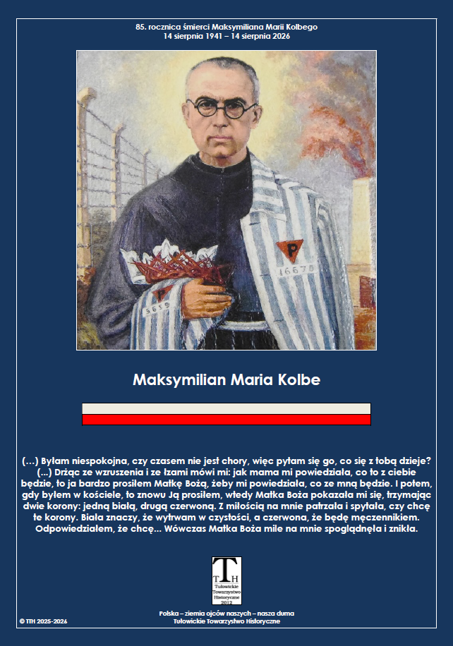 Na granatowym tle obraz Maksymiliana Marii Kolbego w habicie zakonnym a na min obozowy pasiak a na pasiaku czerwony trójkąt z literą P. Czerwony trójkąt oznacza więźnia politycznego a litera że więzień jest Polakiem. Na prawej ręce czerwona i biała korona