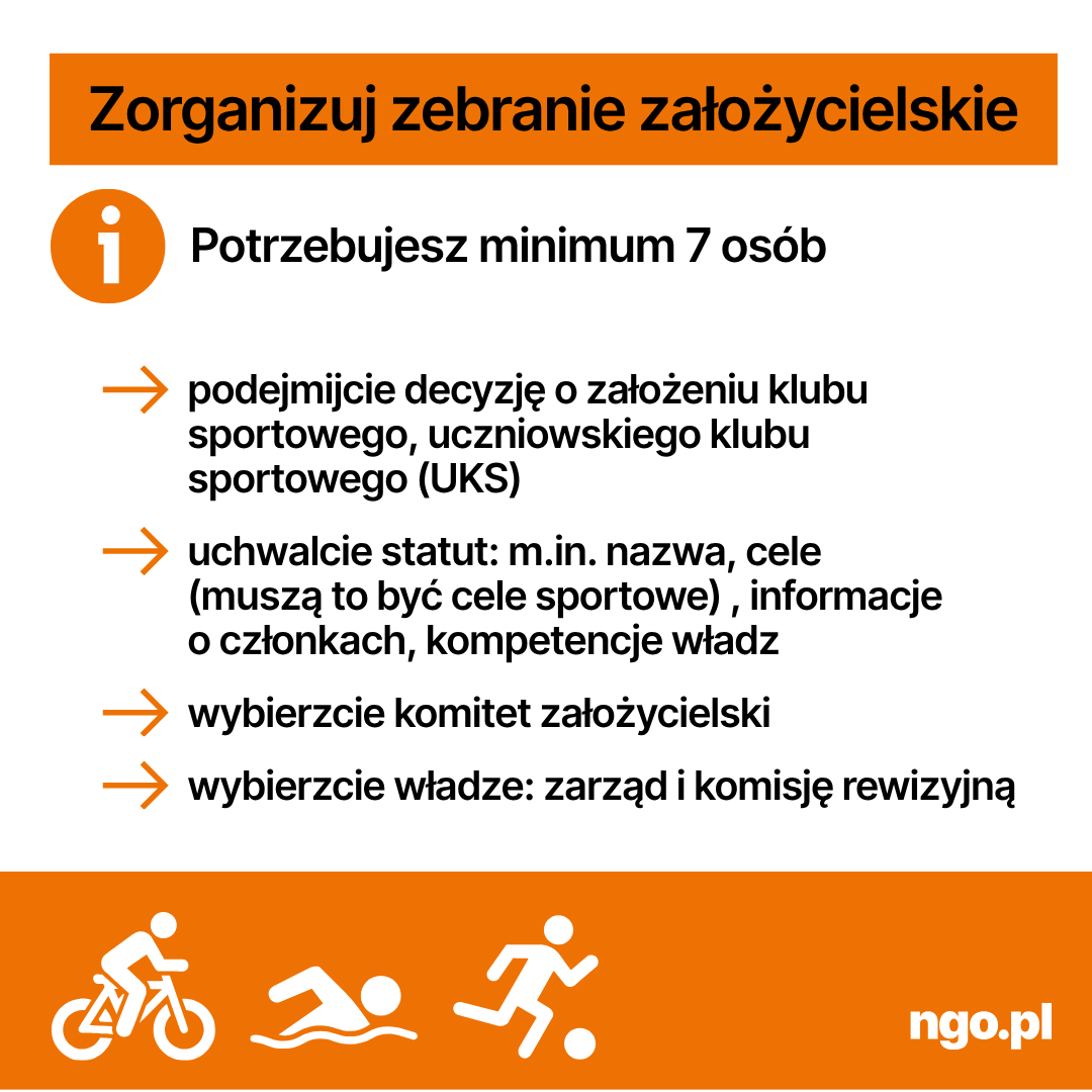 Infografika: Jak założyć klub sportowy zarejestrowany w starostwie. Poniżej opis infografiki w formacie PDF dla osób niewidzących, niedowidzących.