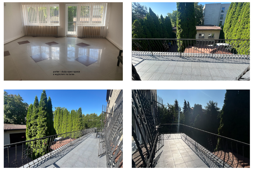 Pusty open space z wyjściem na taras, trzy widoku tarasu. 