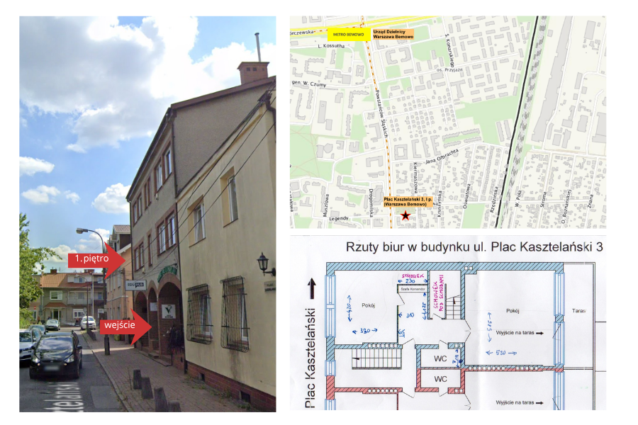 Widok budynku z zewnątrz, mapka z lokalizacją i plan pierwszego piętra biura. 