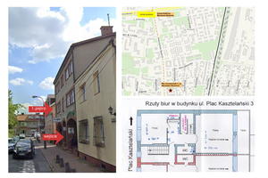 Miniatura Widok budynku z zewnątrz, mapka z lokalizacją i plan pierwszego piętra biura. 