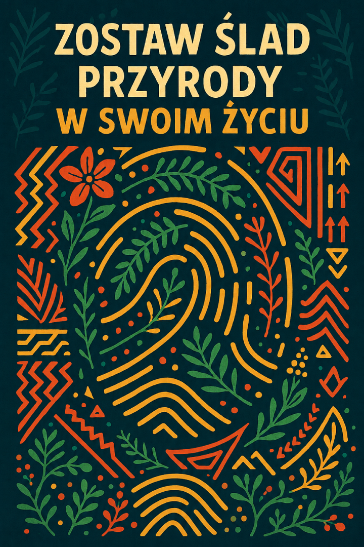 Plakat na ciemnozielonym tle z napisem „Zostaw ślad przyrody w swoim życiu”. W centrum znajduje się duży motyw odcisku palca utworzony z żółtych i pomarańczowych linii, otoczony zielonymi liśćmi, gałązkami, kwiatami oraz geometrycznymi ornamentami.