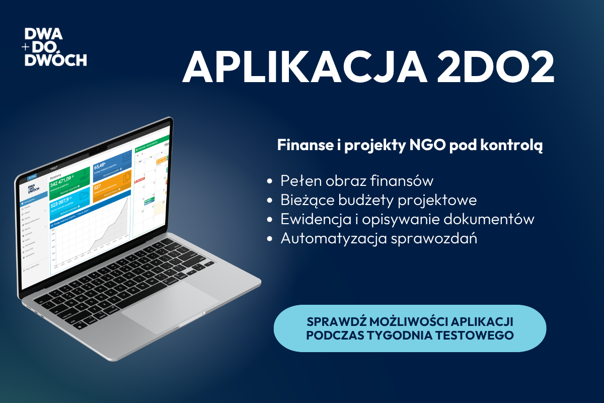 Grafika promocyjna aplikacji 2DO2 z logo „DWA DO DWÓCH” na ciemnoniebieskim tle. Po lewej stronie widać laptop z panelem administracyjnym programu, a po prawej hasło „Finanse i projekty NGO pod kontrolą” oraz listę funkcji aplikacji. Na dole znajduje się przycisk zachęcający do udziału w tygodniu testowym.