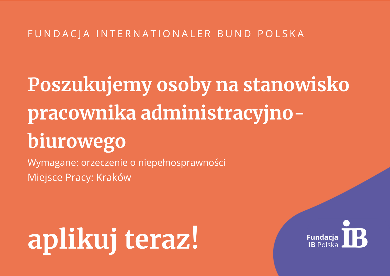 Poszukujemy osoby na stanowisko koordynator ds. obsługi projektów / pracownik administracyjno-biurowy. Oferta kierowana do osób z orzeczeniem o niepełnosprawności. Miejsce pracy: Kraków.