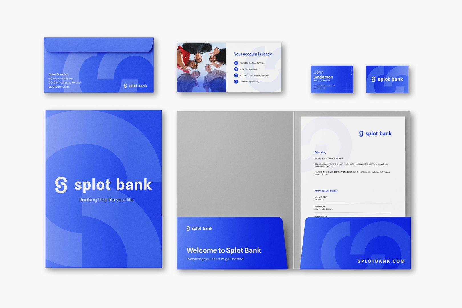 Wizualizacja materiałów firmowych koncepcyjnej marki Splot Bank w niebiesko-białej kolorystyce. Przedstawia kopertę, wizytówki, folder, list powitalny oraz materiały informacyjne z logo banku.