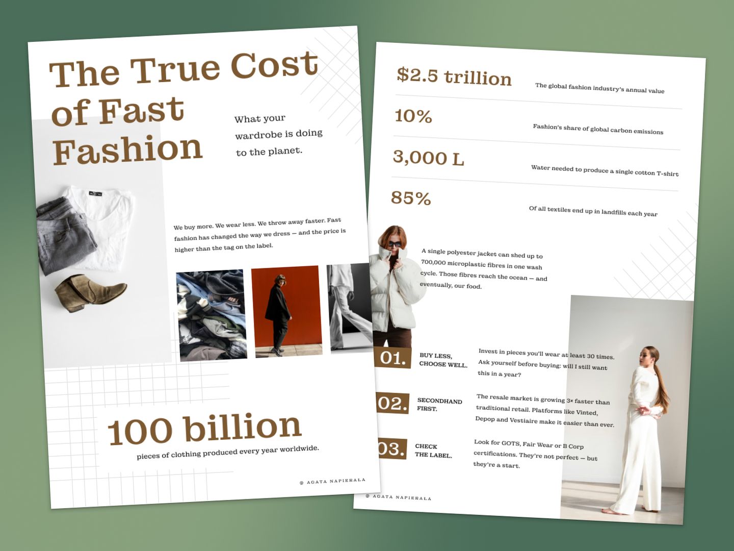 Wizualizacja dwóch stron koncepcyjnego e-booka „The True Cost of Fast Fashion” o wpływie szybkiej mody na środowisko. Minimalistyczny układ łączy zdjęcia odzieży, statystyki i porady. Dominuje biel z brązowymi akcentami.