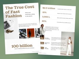 Miniatura Wizualizacja dwóch stron koncepcyjnego e-booka „The True Cost of Fast Fashion” o wpływie szybkiej mody na środowisko. Minimalistyczny układ łączy zdjęcia odzieży, statystyki i porady. Dominuje biel z brązowymi akcentami.