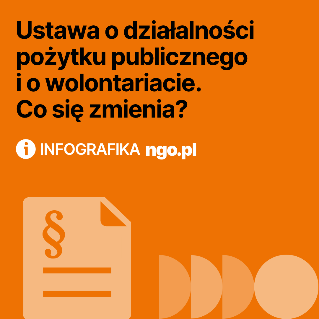 Tekst: Ustawa o działalności pożytku publicznego i o wolontariacie. Co się zmienia? Infografika ngo.pl. Tło pomarańczowe.