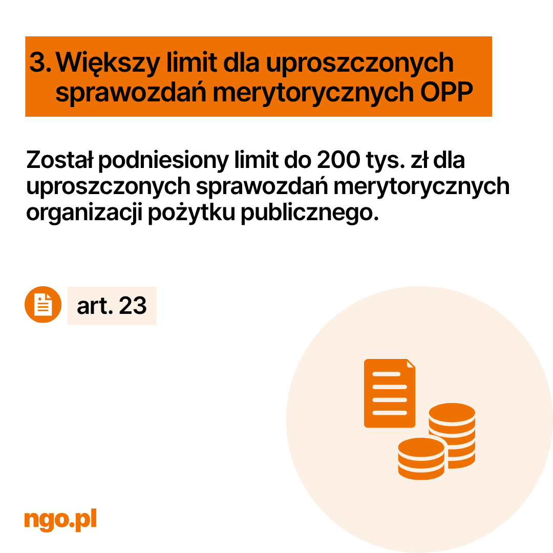 Tekst: 3. Większy limit dla uproszczonych sprawozdań merytorycznych OPP. Został podniesiony limit do 200 tys. zł dla uproszczonych sprawozdań merytorycznych organizacji pożytku publicznego. art 23.