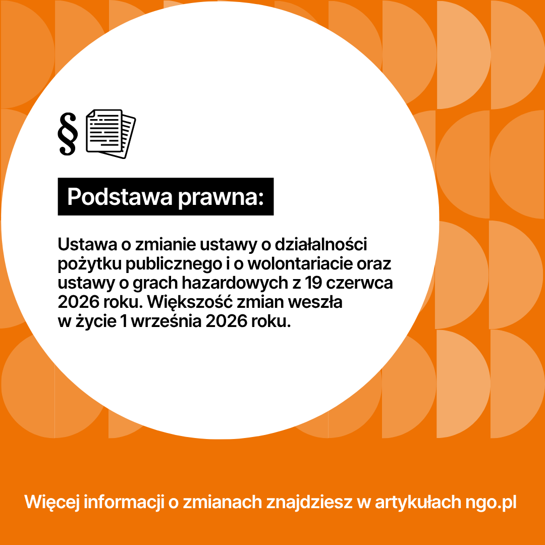 Tekst: Podstawa prawna: Ustawa o zmianie ustawy o działalności pożytku publicznego i o wolontariacie oraz ustawy o grach hazardowych z 19 czerwca 2026 roku. Większość zmian weszła w życie 1 września 2026 roku.