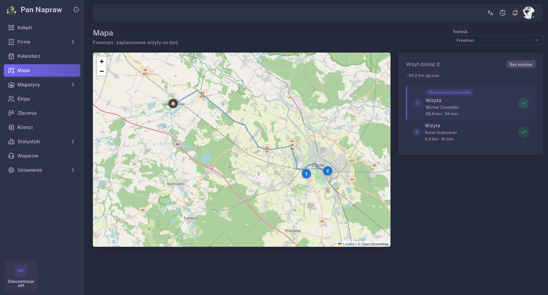 Mapa – planowanie tras i podgląd wizyt serwisowych