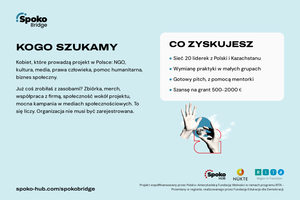 Miniatura Grafika „Kogo szukamy”: kobiety prowadzące projekty w Polsce w NGO, kulturze, mediach lub biznesie społecznym, z doświadczeniem w pozyskiwaniu zasobów. „Co zyskujesz”: sieć 20 liderek, wymianę praktyki, gotowy pitch i szansę na grant 500–2000 euro.