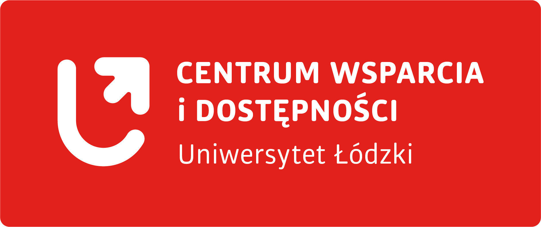 Logo Centrum Wsparcia i Dostępności Uniwersytetu Łódzkiego. Biały napis na czerwonym tle.